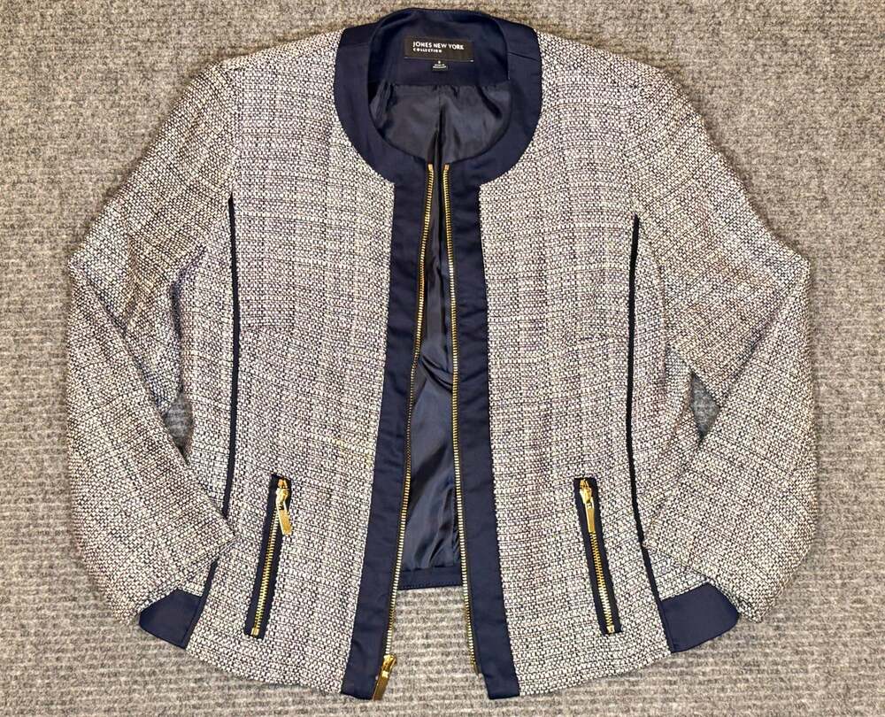 Jones New York Collection Tweed Jacket Size 6 Black White Pink Gold Zip Blazer